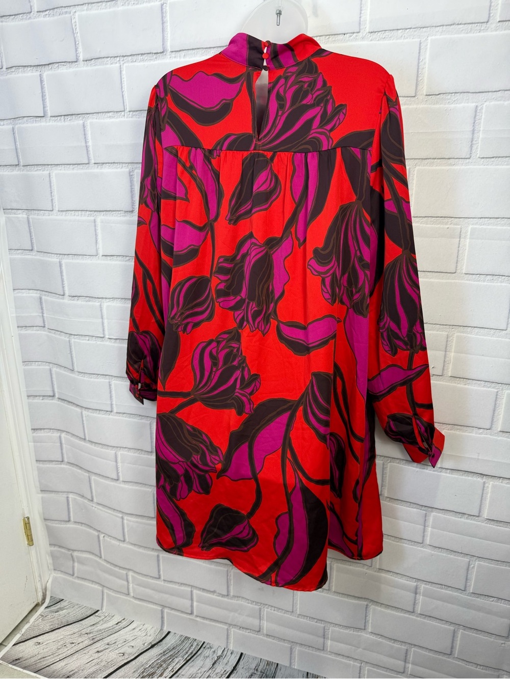 Who What Wear Floral Mock Neck Shift Dress Size L Red Pink Long Sleeve Pockets - Picture 10 of 12